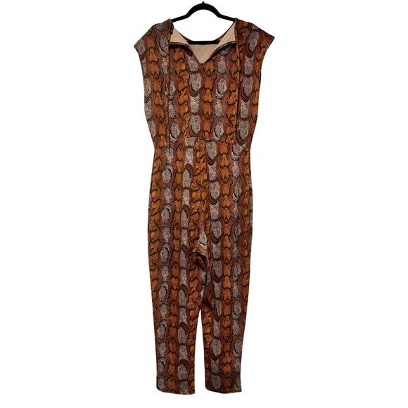 Boohoo Snake Print Cap Sleeve Tie Back Spandex Jumpsuit 12 Orange Tan - Picture 3 of 5